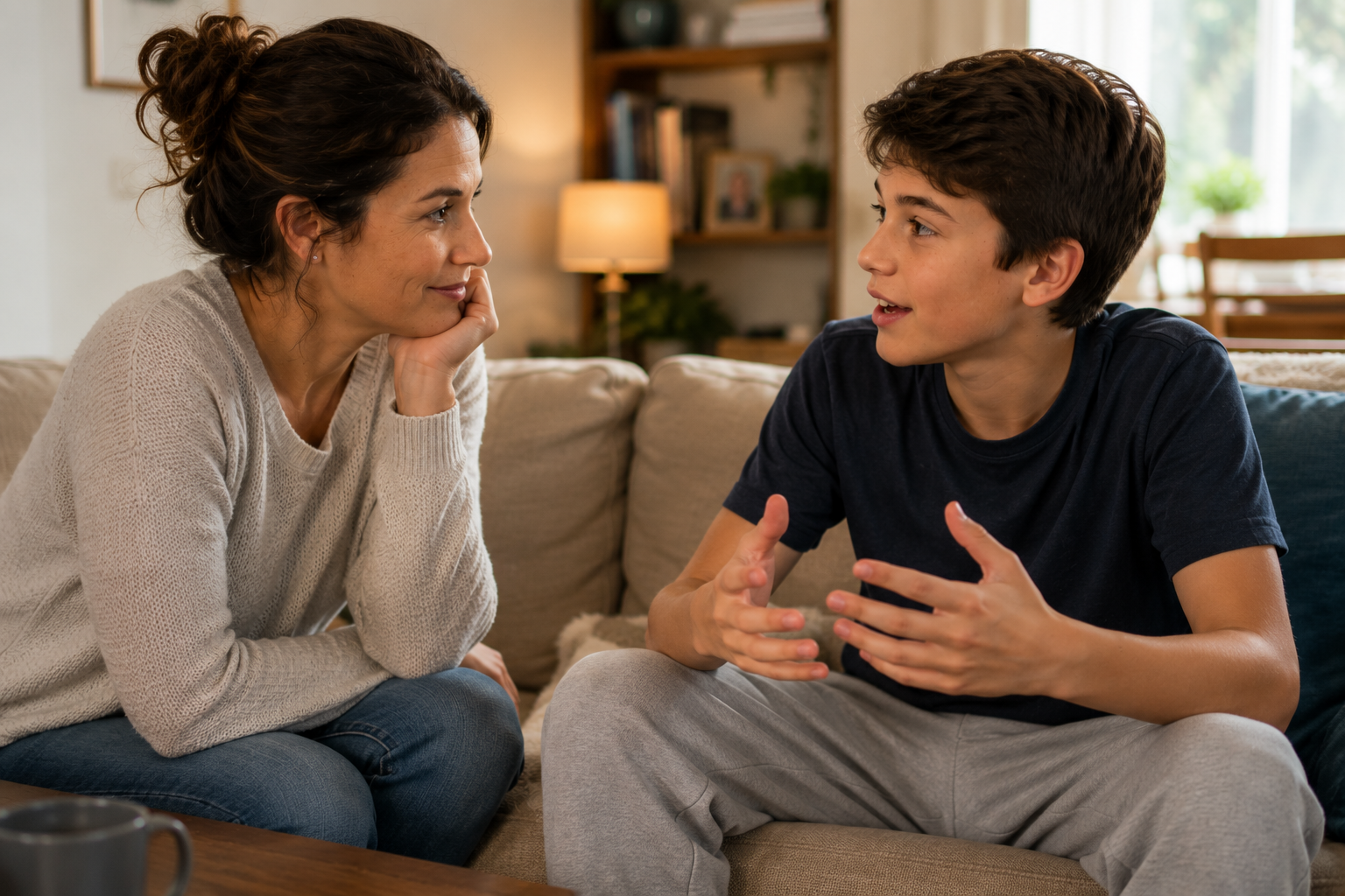 A parent listens attentively as their teenage child enthusiastically shares a story during a conversation at home, demonstrating supportive communication and relationship building.