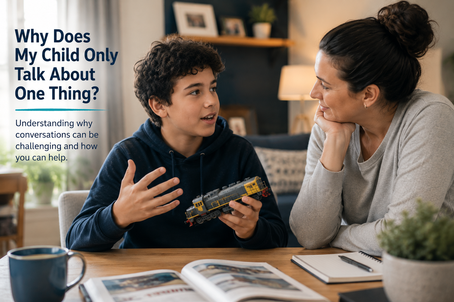 Parent listening while a child only talks about one favorite interest during a conversation at home.