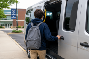 Child preparing socially for back to school while boarding a school van with a backpack.