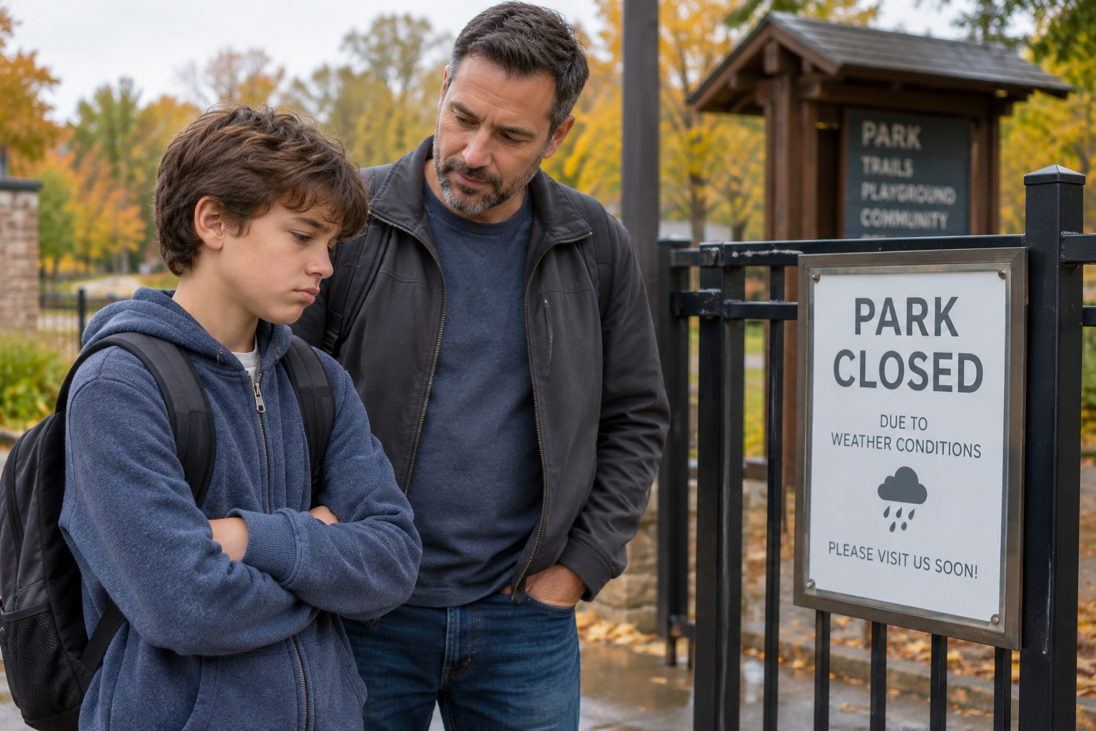 Child upset when plans change after arriving at a park that is unexpectedly closed.
