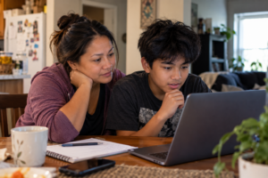 Parent and teen using social skills resources for children with autism together at home