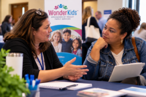 Professional sharing autism resources for families at a WonderKids conference booth