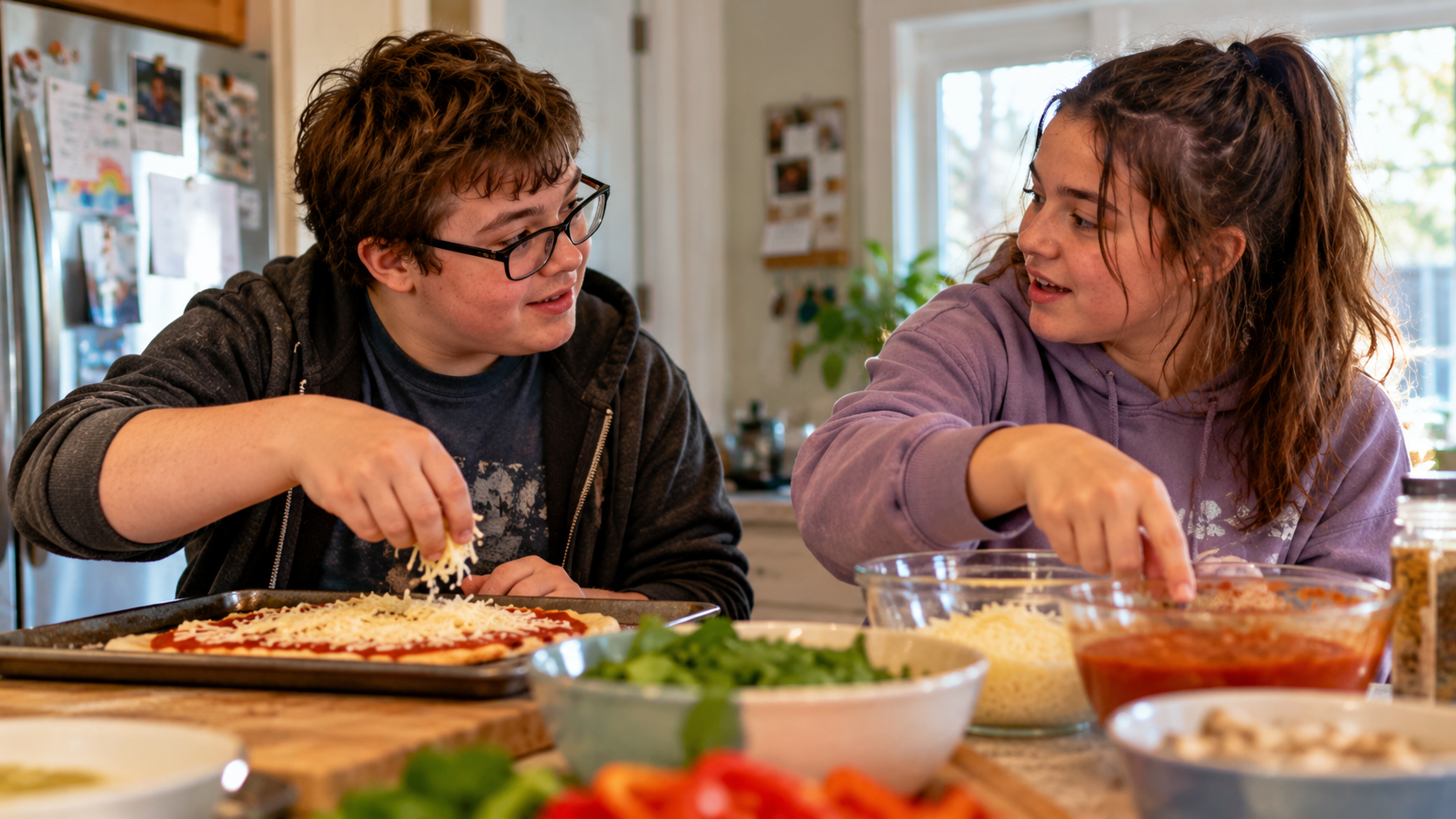 Two teenagers practicing communication and social skills at home while preparing pizza together